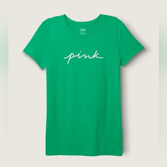 VS PINK Electric Green White Logo Knit Short Sleeve Perfect Everyday Tee XXL NEW - Picture 2 of 12